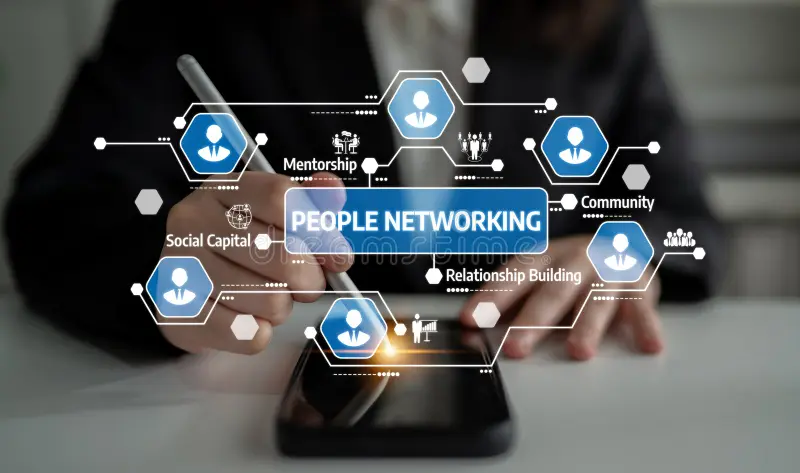 Hands holding a phone with a people networking diagram