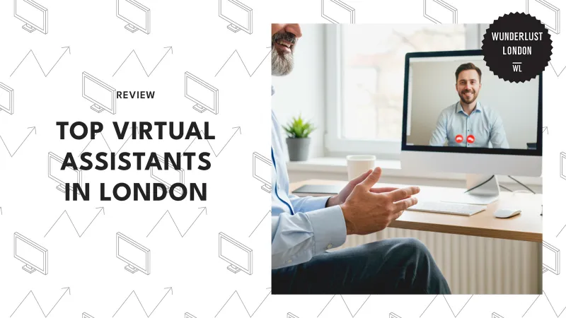 Top Virtual Assistants in London review graphic with a man on a video call