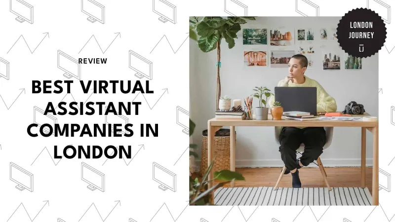 Best Virtual Assistant Companies in London review graphic with a woman at her desk